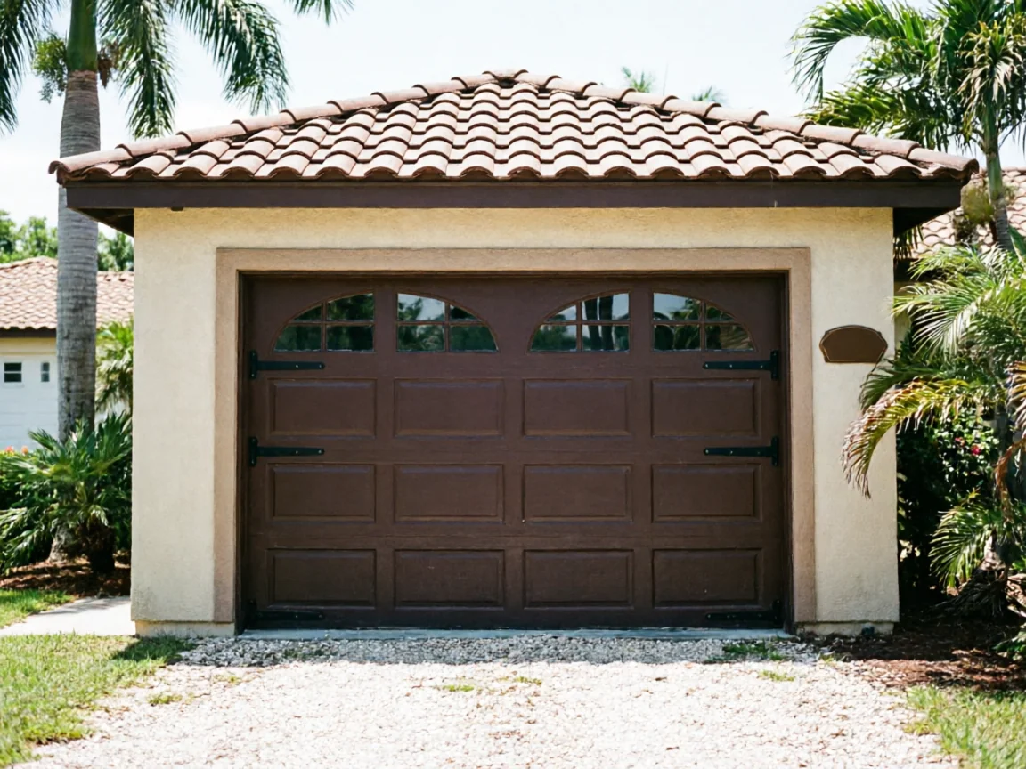 A brown garage door with arched windows and decorative hinges on a stucco garage.