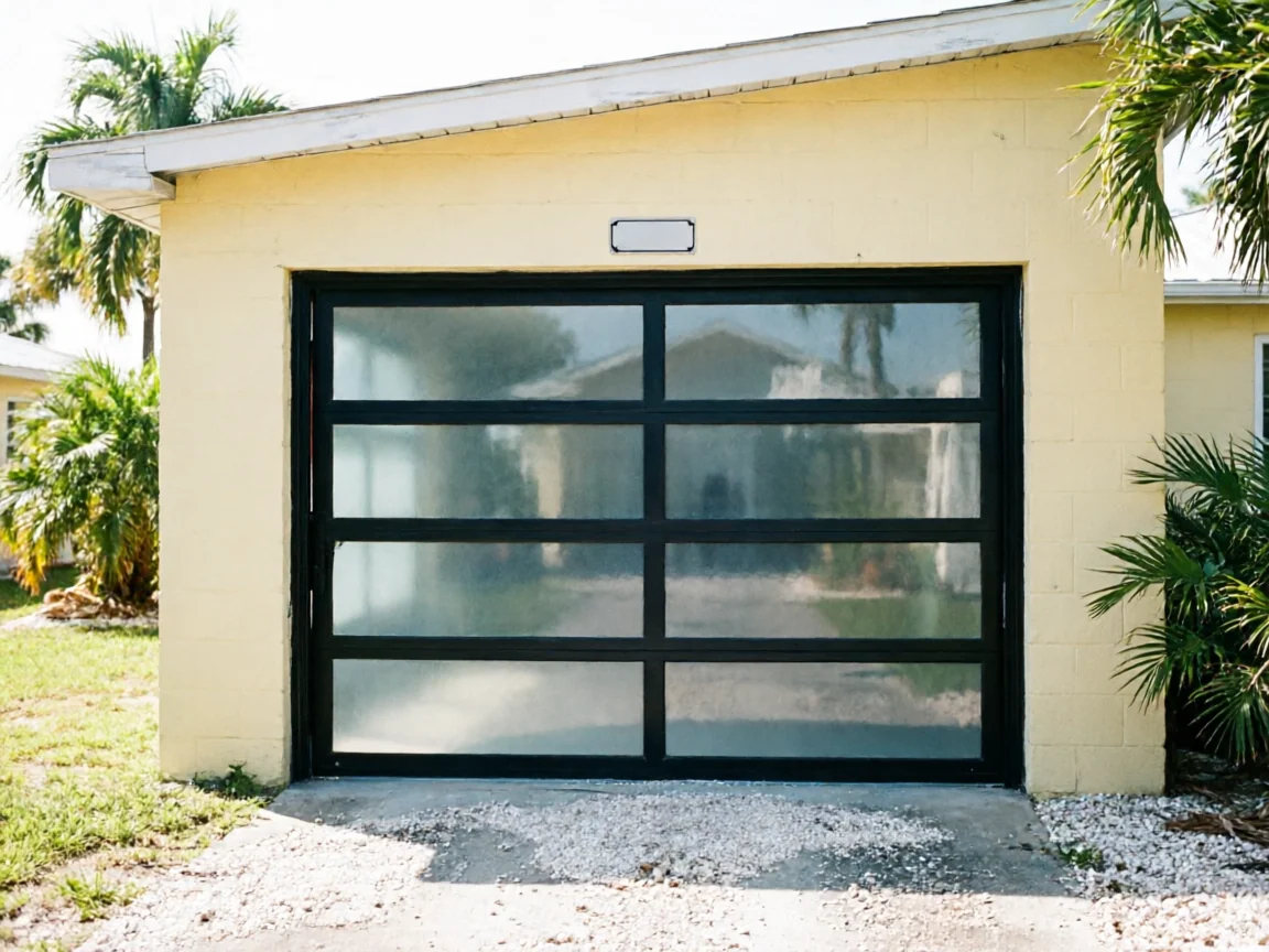A modern glass garage door with black frames on a yellow house.