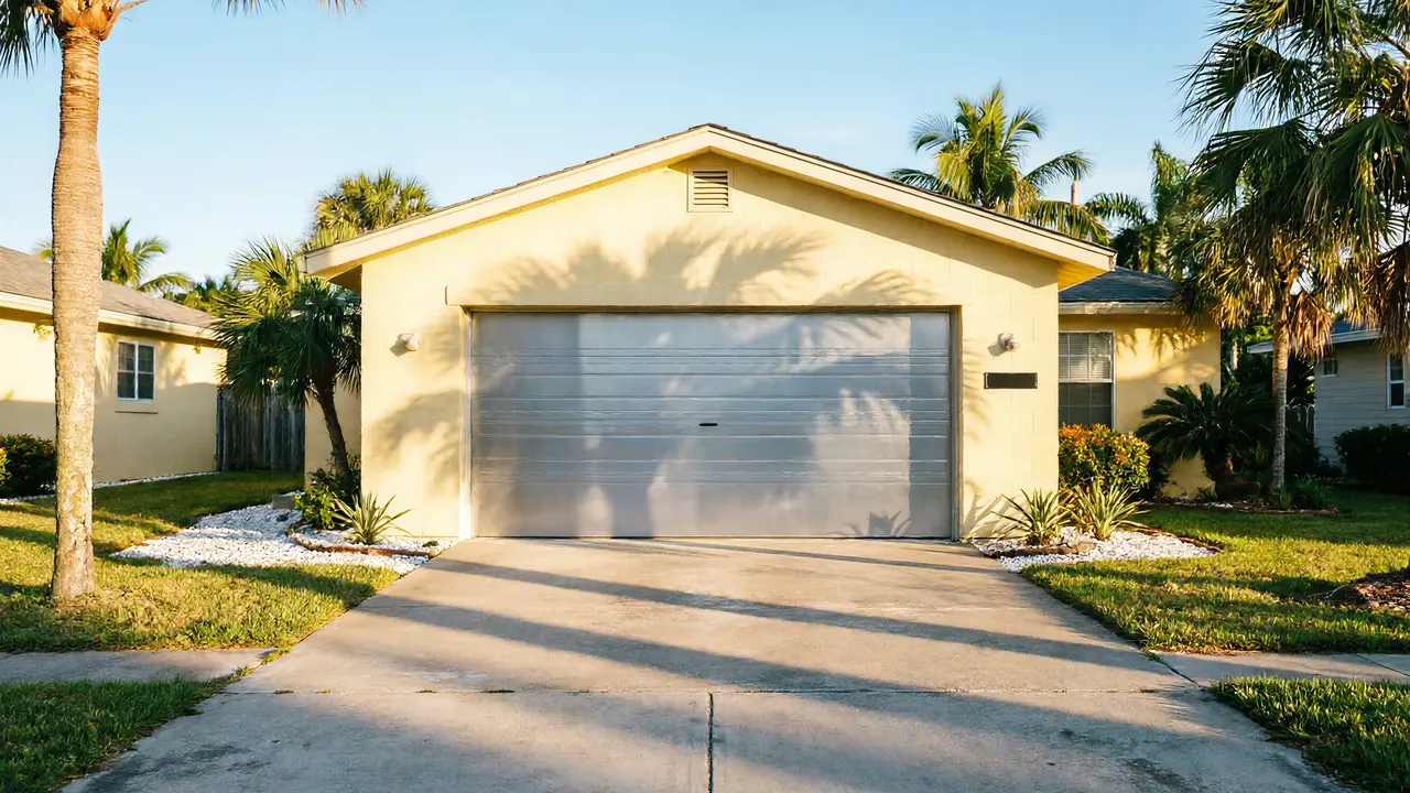The house has a light yellow exterior and a single gray garage door.