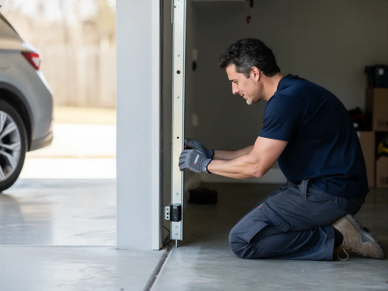 A technician kneels, adjusting the garage door sensor.