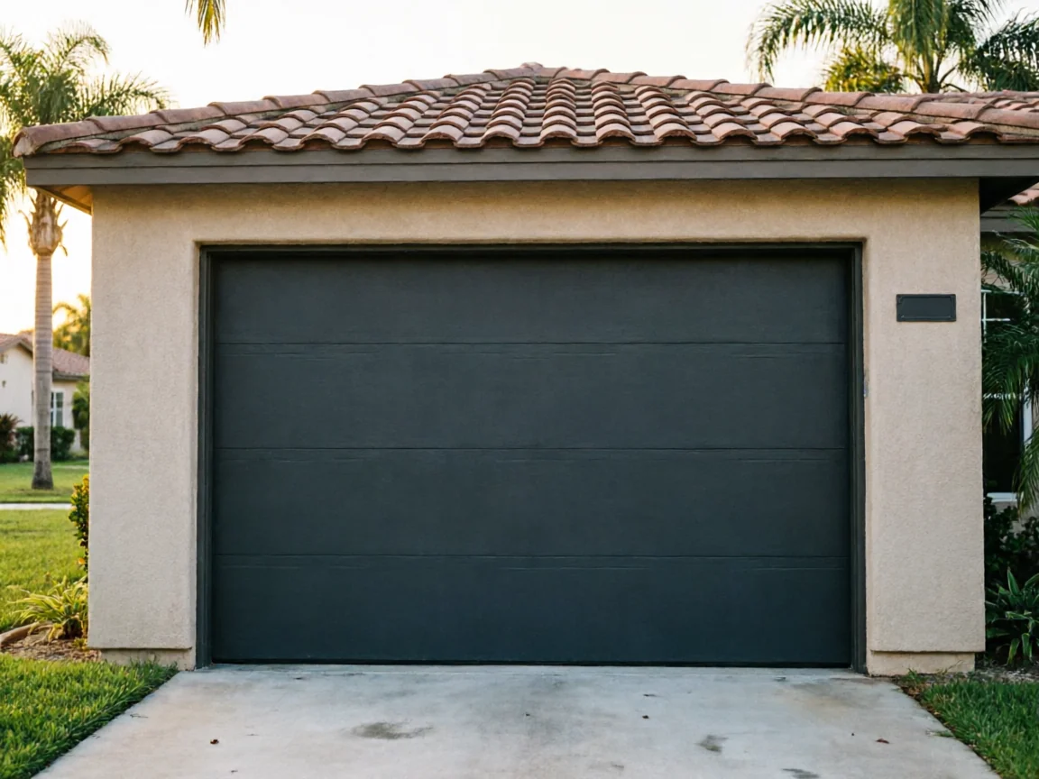 A dark gray garage door is on a tan house with a tiled roof.