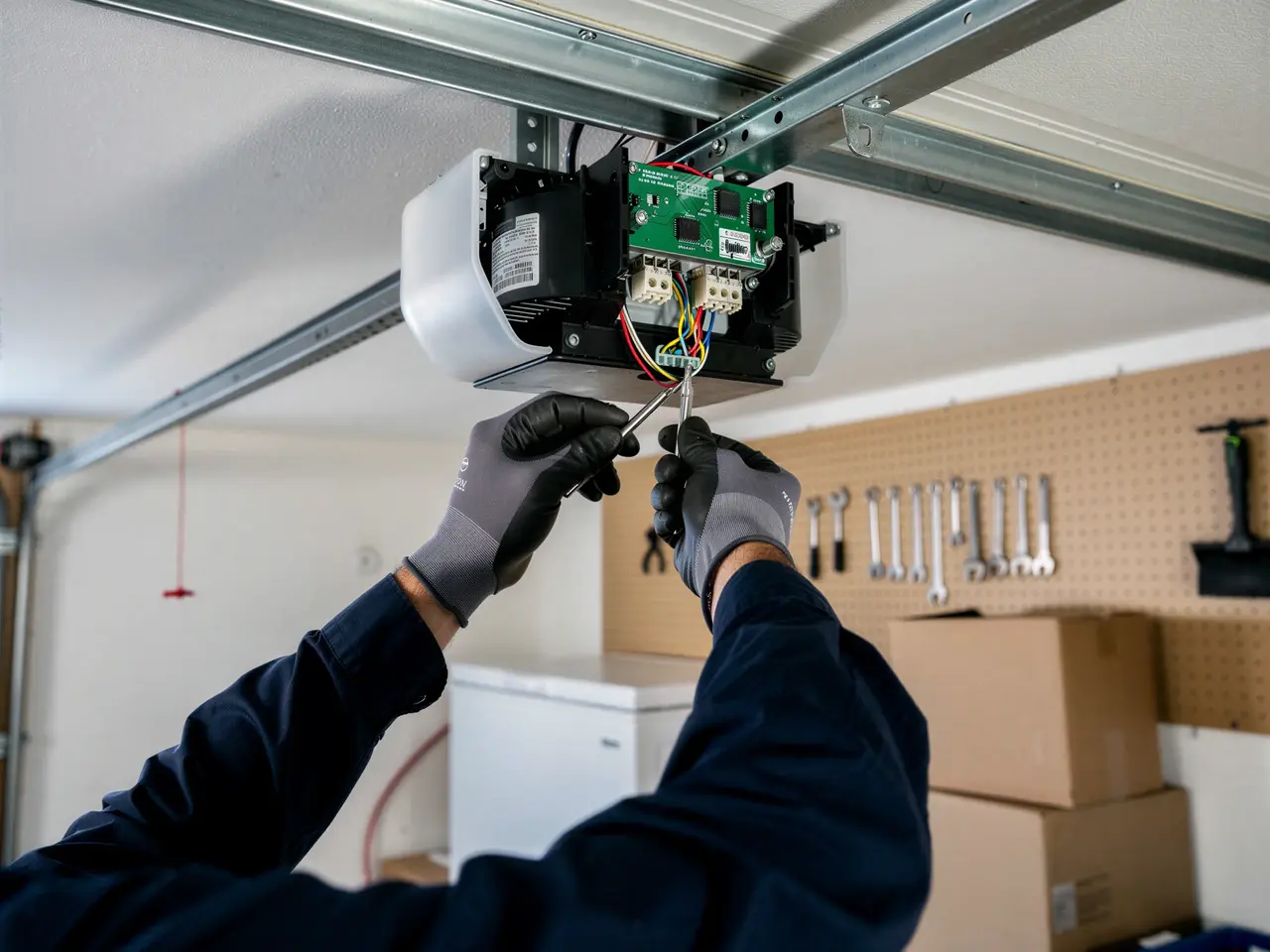 A technician in gloves works on the wiring of a garage door opener.