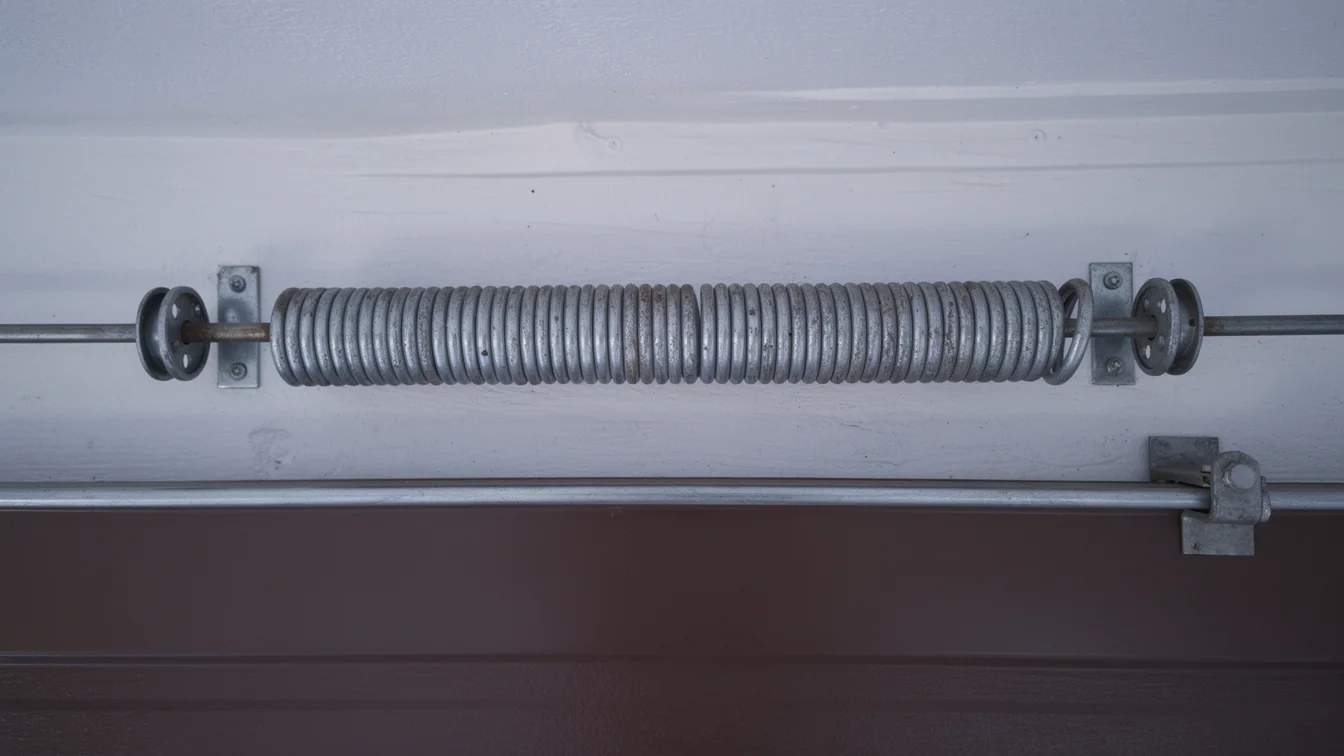 A garage door torsion spring is mounted above a brown garage door.